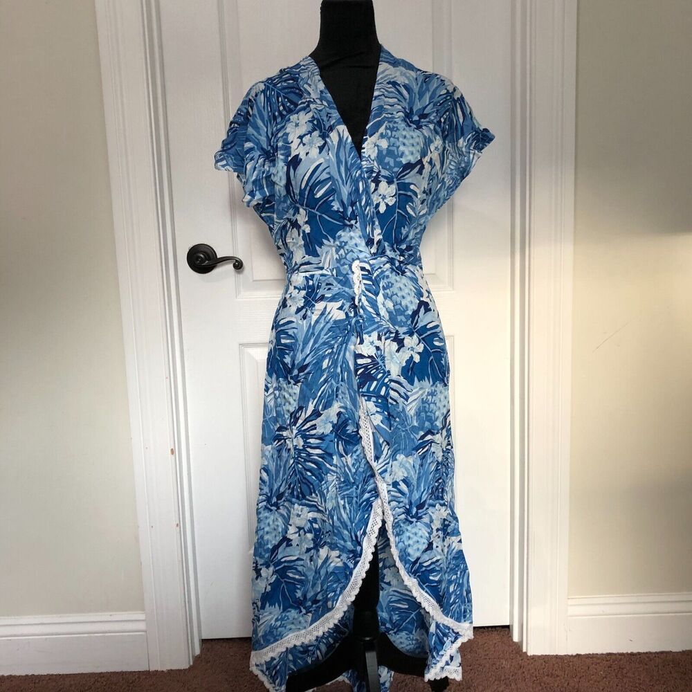 America & Beyond Blue Tropical Floral Wrap Maxi Dress‎ Small Crochet Trim NWT